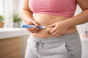 Woman using weight-loss injection pen in abdomen