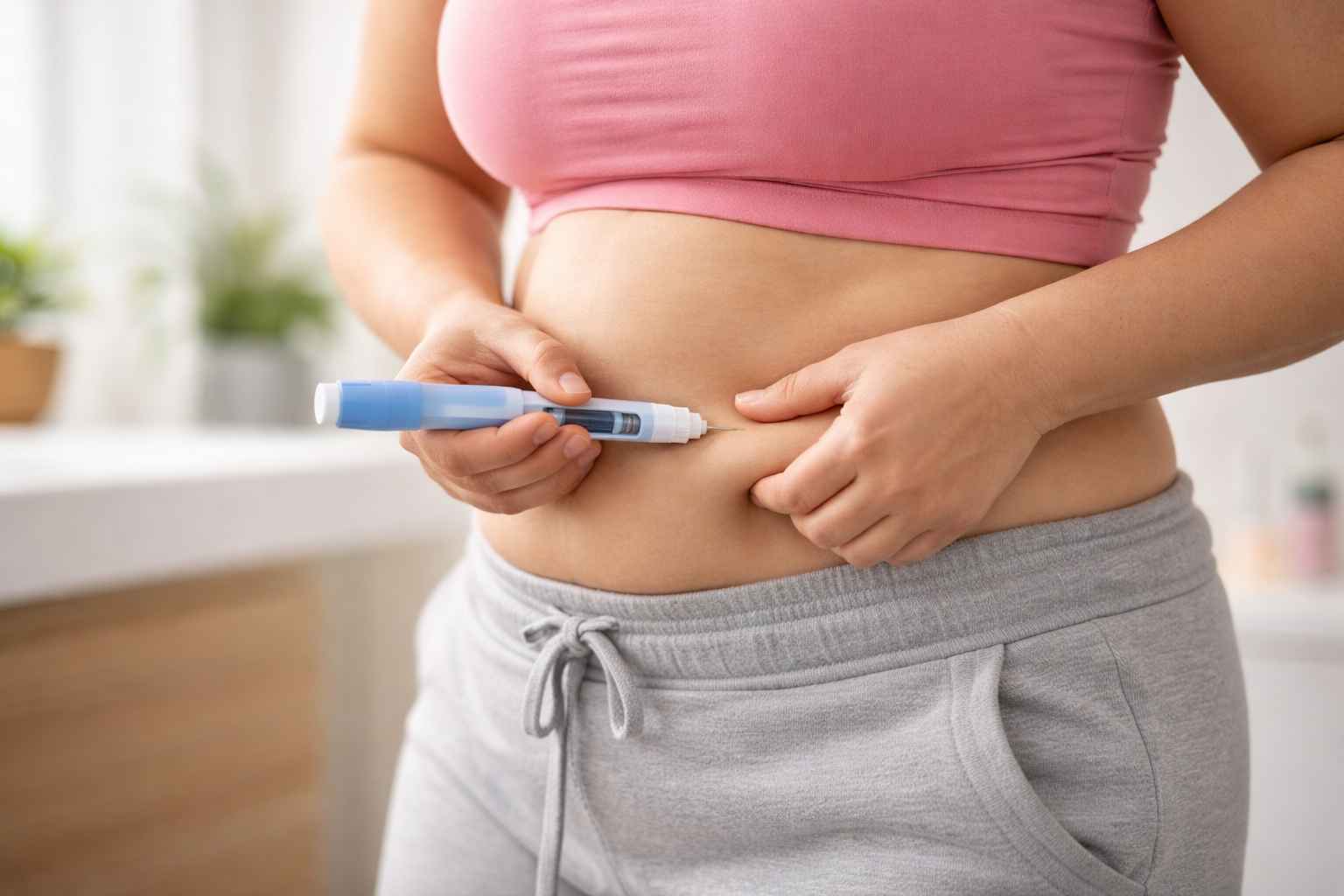 Woman using weight-loss injection pen in abdomen