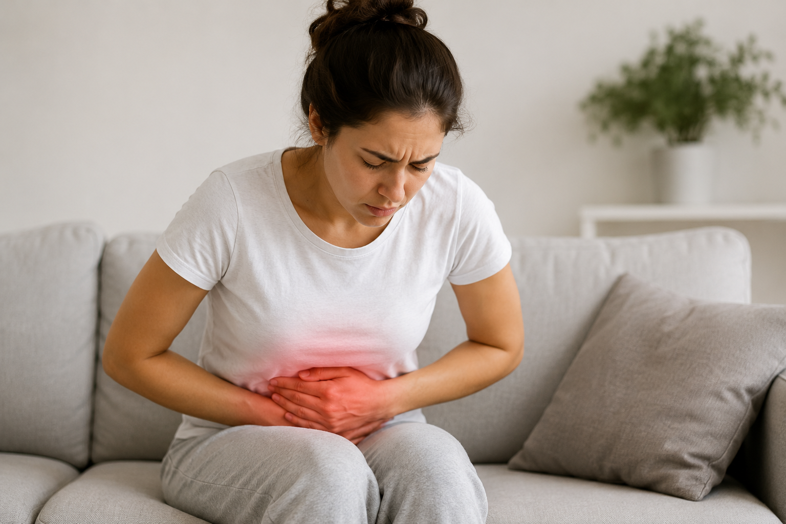 Woman holding her lower abdomen