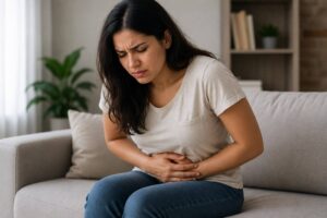 Women sitting holding stomach with pain
